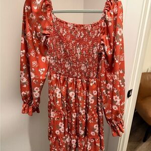 Floral Red/Orange Smocked Dress